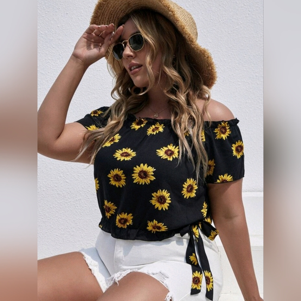 XL 🌻 SHEIN Womens Sunflower Off Shoulder Midriff Crop Top Short Sleeve Shirt